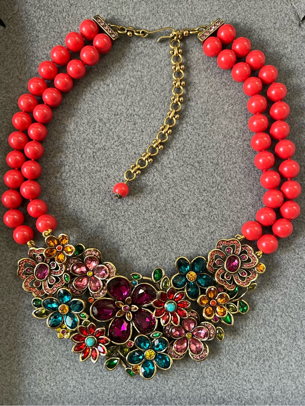 Heidi Daus Flower Show Bib Statement Necklace Coral Beads 20"
